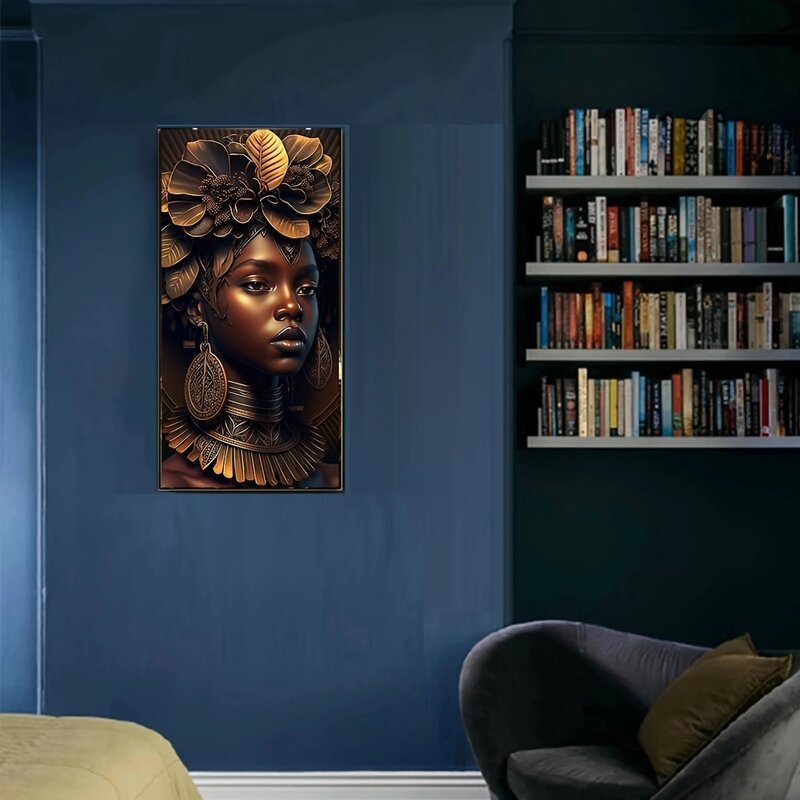 لوحة ماسية للحفر مستديرة كاملة للنساء السود ، فن فسيفساء ، ديكور منزلي ، صورة أحجار الراين ، تصنعها بنفسك ، 35x70 ، 1