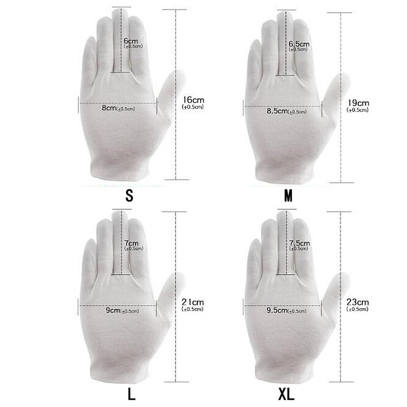 Guantes de algodón blancos con etiqueta de dedo completo para hombre y mujer, guantes de camareros/conductores/joyas/trabajadores, guantes de absorción de sudor