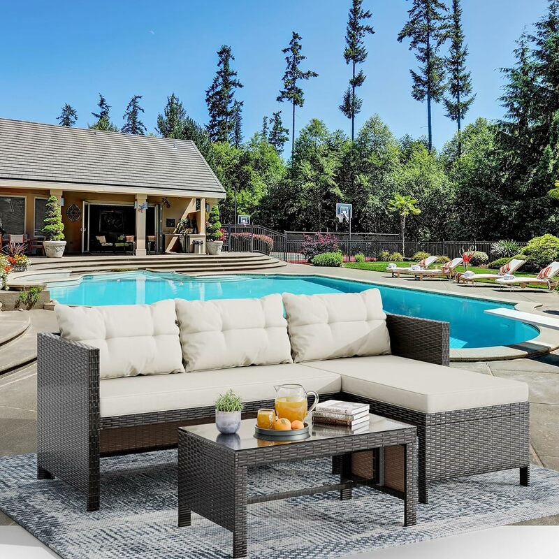 Zestaw mebli ogrodowych 3-częściowy, sofa segmentowa na patio na świeżym powietrzu, tkane wiklinowe rattanowe sofy do siedzenia na każdą pogodę
