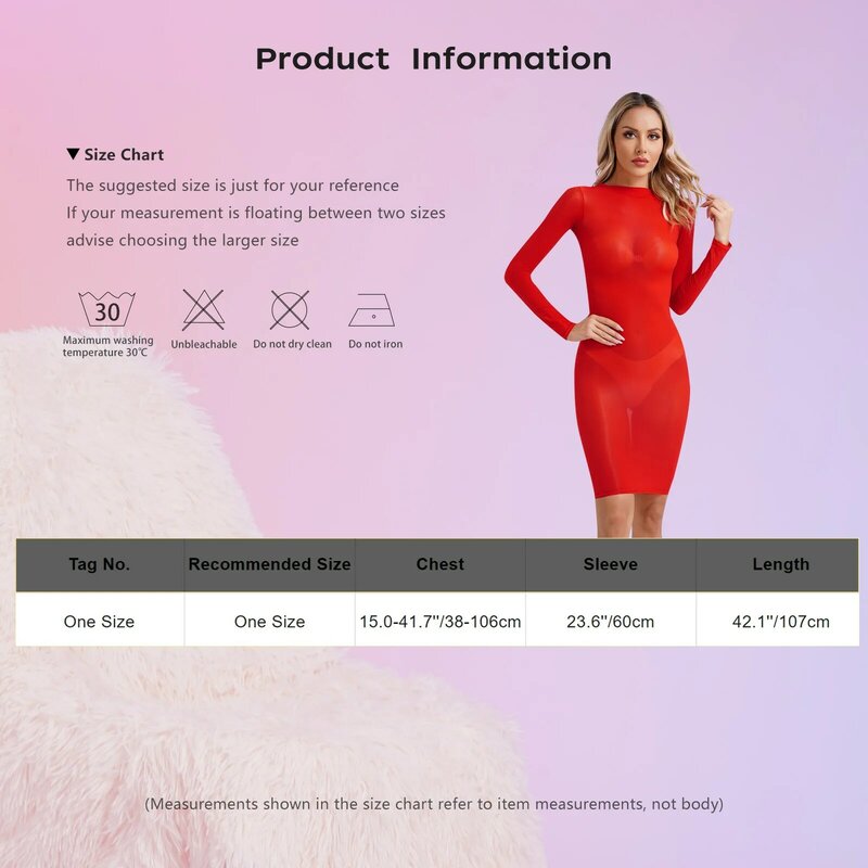 Womens See Through Bodycon Dress Round Neck Long Sleeve Solid Color Slim Fit Stretchy Dresses Sexy Lingerie Nightwear Clubwear