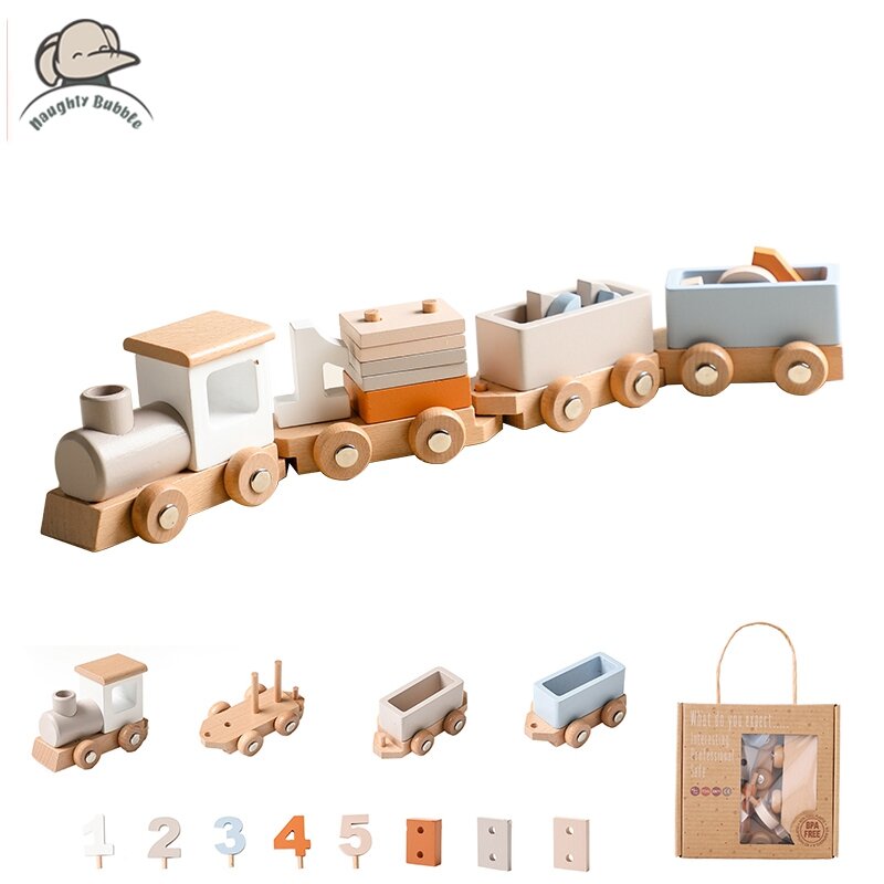 Holzzug Geburtstag Spielzeug Montessori Spielzeug Baby Lernspiel zeug Holzwagen Baby Lernspiel zeug Anzahl der Holz Babys pielzeug