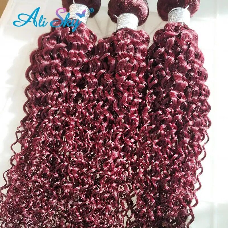 Jerry rambut manusia keriting bundel anggur merah rambut Virgin Brasil 100% rambut keriting tanpa proses sebelum dipetik Burgundy 99J 1/3/4 bundel