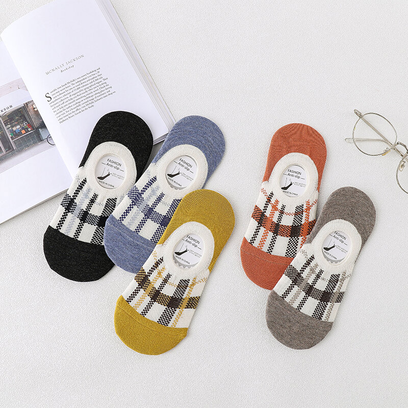5 Pairs Women Plaid Boat Socks Spring Summer Non-slip Casual Cotton Ankle Socks Comfortable Female Shallow Mouth Invisible Socks