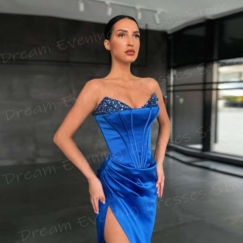 Vestido de noite sem alças feminino, vestido de baile com fenda lateral, elegante azul royal, sexy e clássico, moderno e elegante