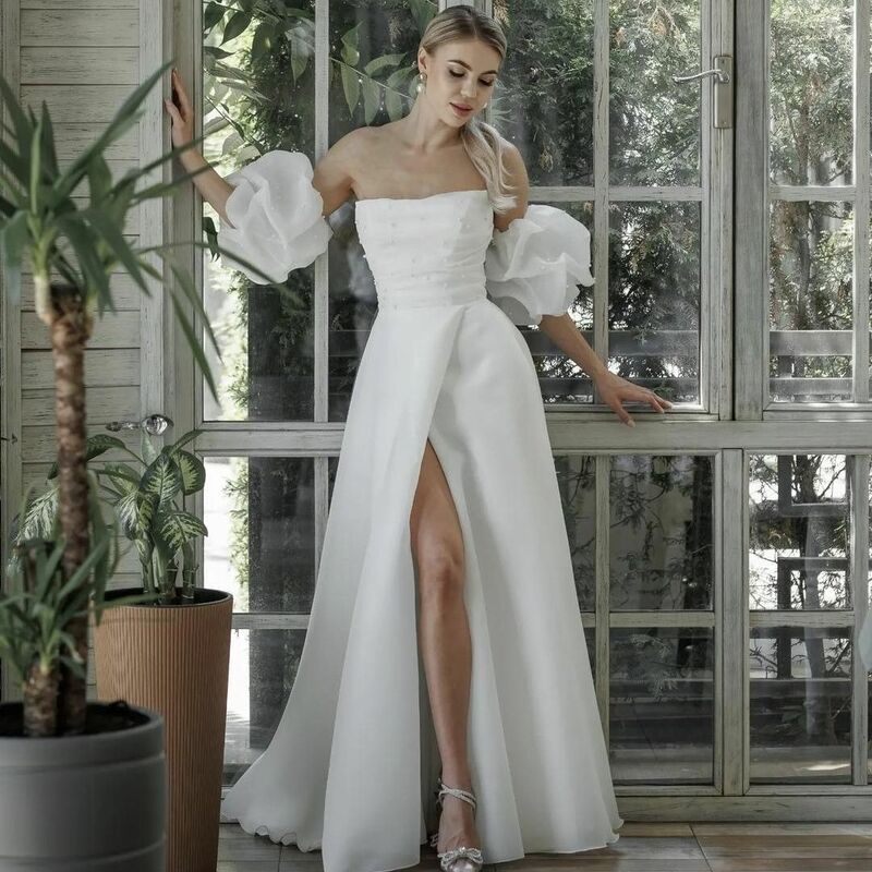 Organz-A-Line Vestido de Noiva com Puff Sleeve, Vestidos de Noiva, Side Slit, Lace-up, Back Robe, Comprimento personalizado, Comprimento