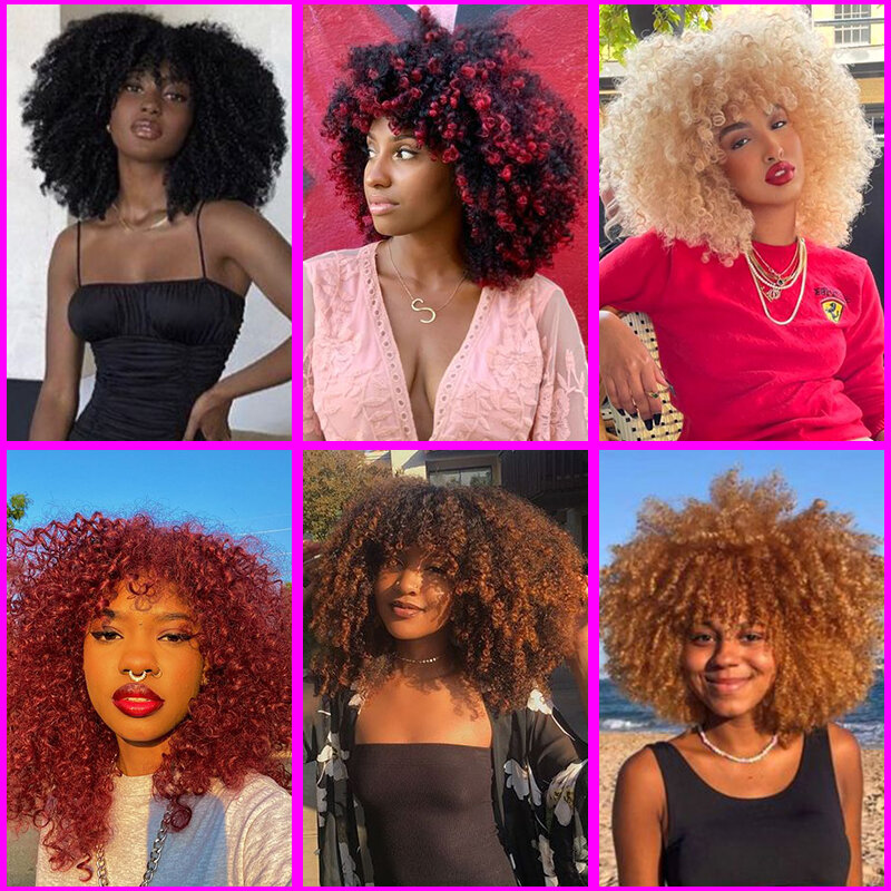 Parrucca sintetica corta Afro riccia con frangia parrucche Cosplay ricci per capelli naturali da 10 pollici per donne nere parrucca riccia crespa marrone biondo