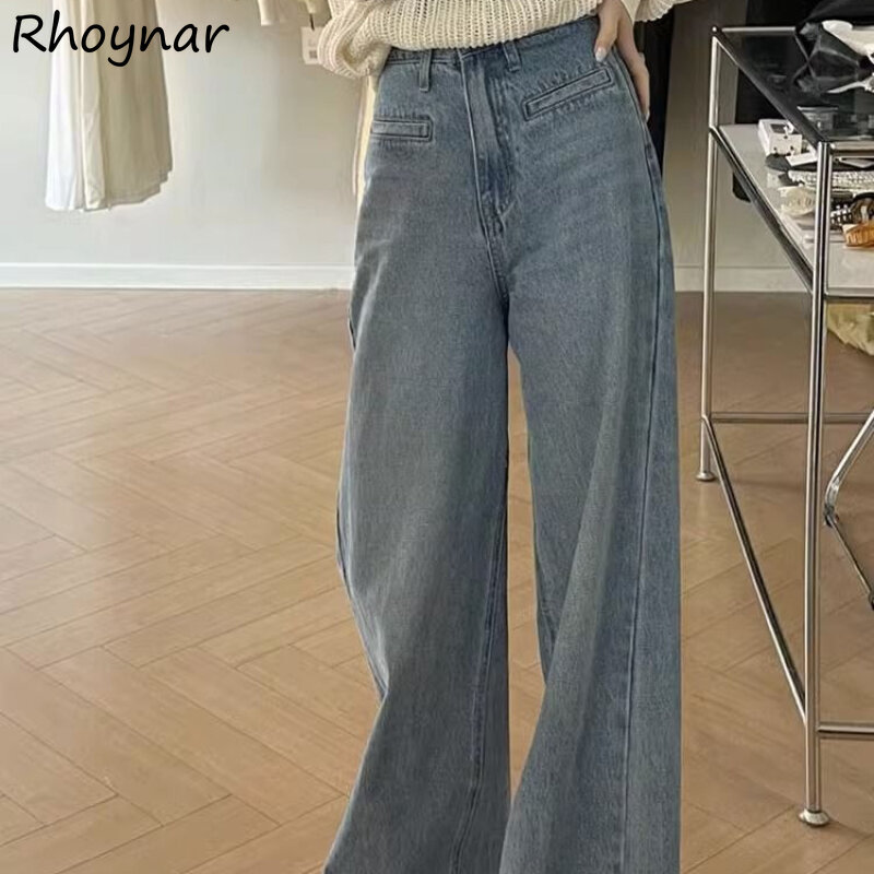 Jeans Women High Waist Slim Straight Full Length Casual Korean Style Streetwear Pockets Design Comfortable Trousers Loose Fit