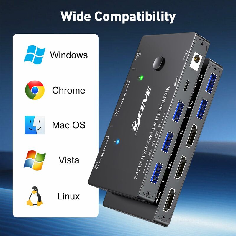 Commutateur KVM USB 3.0, HDMI 8K @ 60Hz, avec 3 commutateurs USB 3.0, pour 2 types de partage, 1 moniteur, clavier et souris