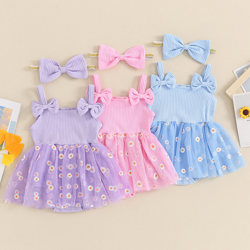 VISgogo Newborn Girl Romper Outfit Flower Print Sleeveless Tulle Patchwork Romper Dress with Bow Hairband Summer Clothes