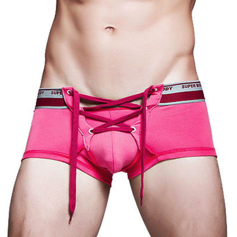 กางเกงบ็อกเซอร์มีสายรัดเซ็กซี่สำหรับผู้ชายกางเกงบ็อกเซอร์มีเชือกผูกสะโพกสีทึบ