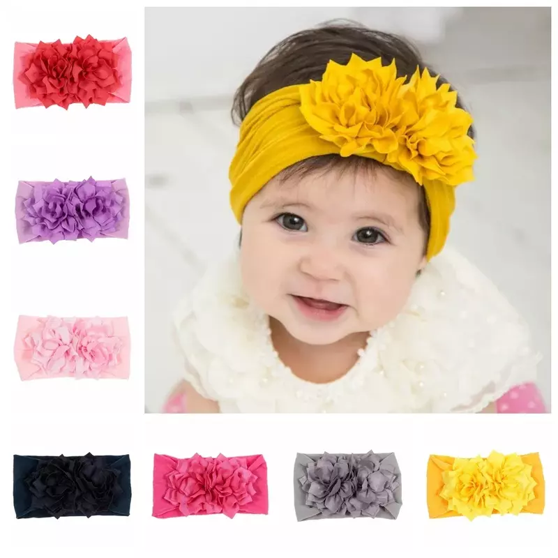 Elastic nylon headband com flor de lótus para o bebê, turbante para recém-nascido, acessórios de cabelo, presentes para crianças, 1 conjunto