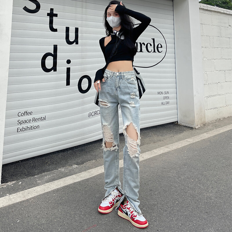 Jeans Sobek Vintage Streetwear Celana Panjang Lurus Celah Tua Cuci Pinggang Tinggi Baru Wanita Celana Denim Fashion Anak Perempuan Grunge