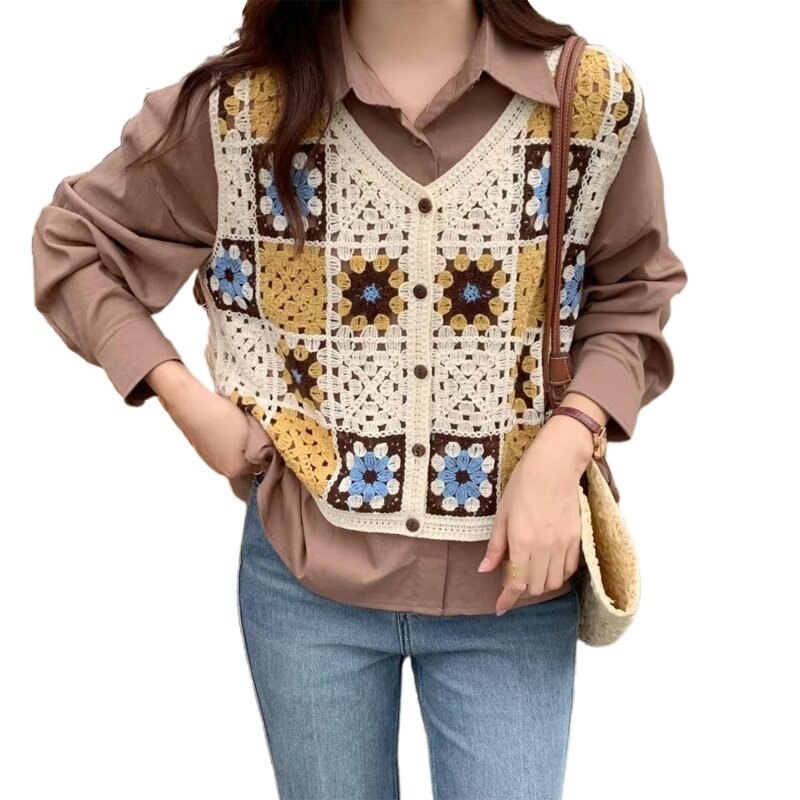 Rompi Boho Floral Crochet Waistcoat Hollow Out All-Match Tank Top Kasual Gaya Perancis Camis Vest untuk Wanita Gadis Wanita
