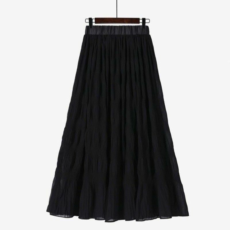 Rok lipit Perancis musim panas baru 2024 rok panjang setengah wanita rok tekstur pinggang tinggi A-line rok panjang sedang
