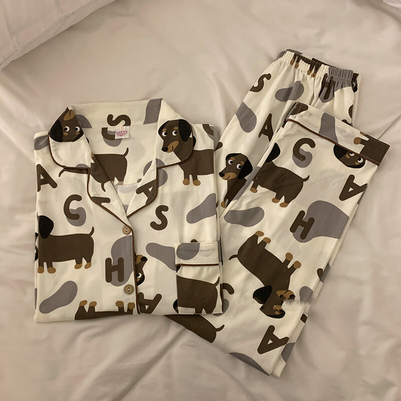 Conjunto de pijama de algodón con estampado de perro salchicha para mujer, Tops de manga corta, pantalones largos, ropa de dormir, 2024, primavera y verano, 3991