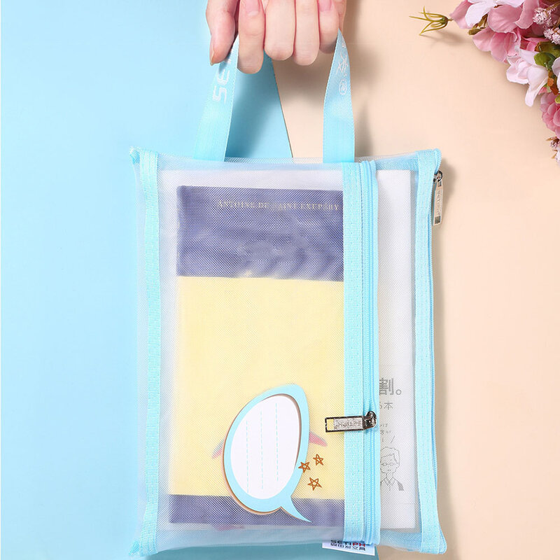 Bolsa de almacenamiento de papelería A4, bolsa de malla de doble capa con cremallera, organizador de gran capacidad, bolsa de maquillaje cosmético, carpetas de archivos transparentes