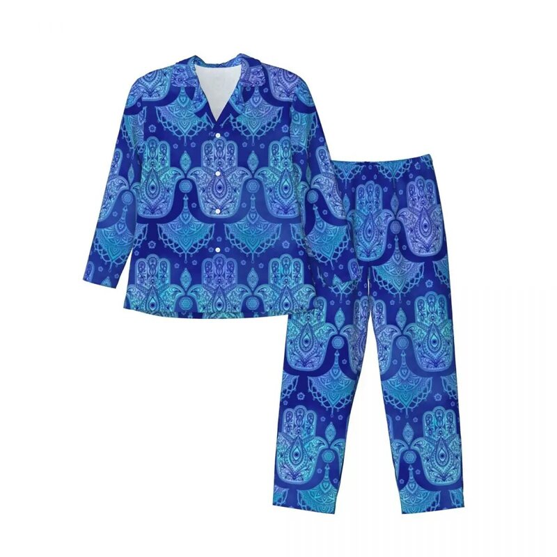 Hamsa-Conjunto de pijama de mano para mujer, ropa de dormir con diseño Retro de gran tamaño, color azul, acuarela, Kawaii, ideal para regalo, 2 piezas