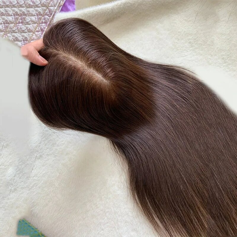 Sutra penuh Topper dasar warna coklat tua kulit kepala alami rambut manusia atas 13x15cm penutup rambut palsu untuk wanita ekstensi Topper dasar lembut