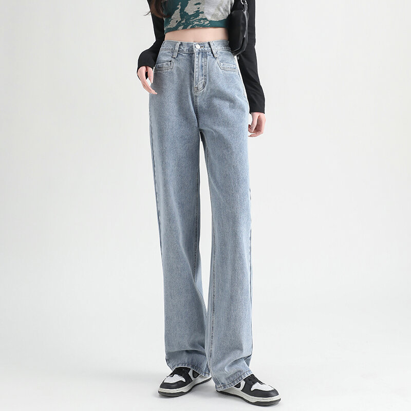 Женские джинсы с высокой эластичной талией, хлопковые прямые брюки с широкими штанинами в стиле Харадзюку, винтажная уличная одежда синего и белого цветов