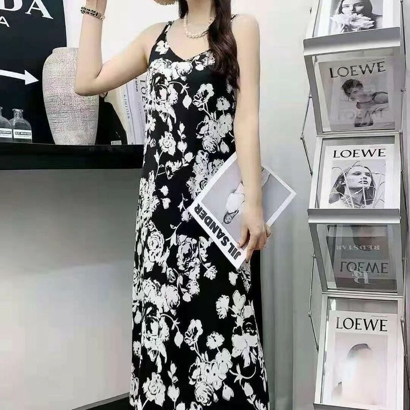 2024 Summer New Slimming and Belly Covering Chiffon Fragmented Flower Suspended Dress Women's Sleeveless Fashion Long Dress