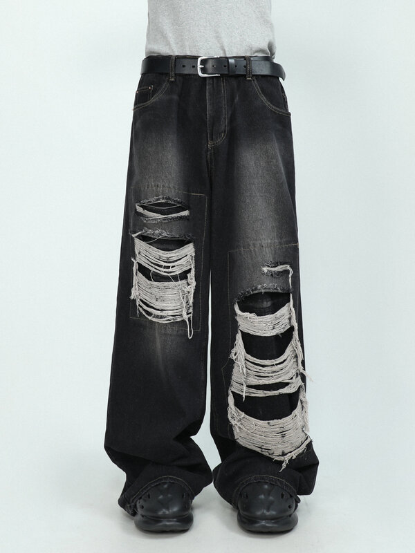 Mrnear-pantalones de mezclilla perforados de gama alta para hombres, sentido de diseño, pantalones de pierna recta de pierna ancha pequeños y sueltos, hip hop, 2023