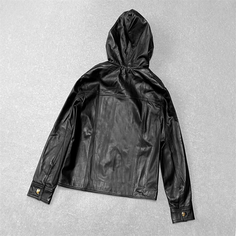 2023 Genuine Leather Jacket, Autumn and Winter New Commuting Style, Metal Button Design, Drawstring with Hat, Sheep Leather Jack