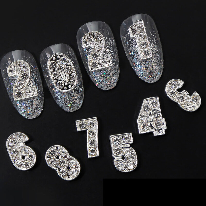 Breloques en alliage 3D pour Nail Art, 10 pièces/lot, chiffres 0-9, bijoux or/argent, diamants brillants, strass, accessoires de décoration en métal