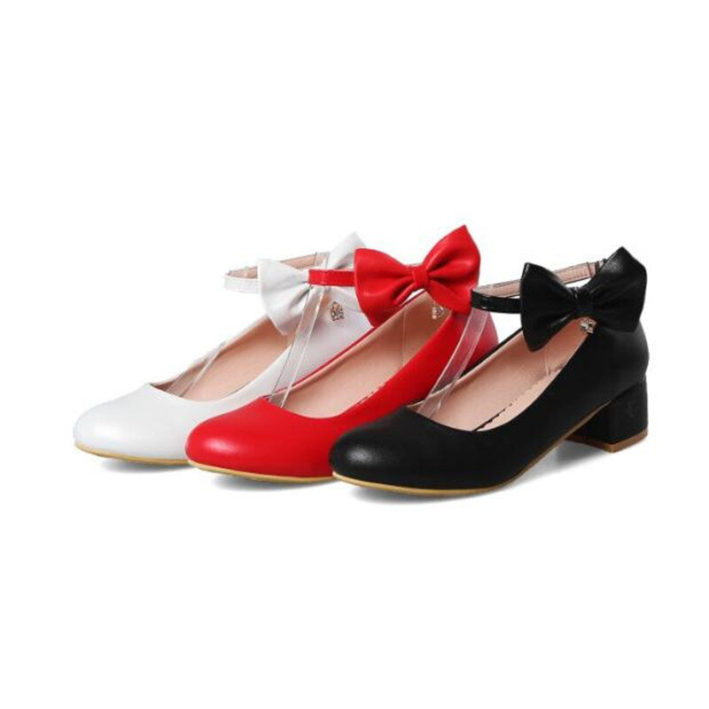 Dziewczyny wysokie obcasy damskie buty średnie obcasy Mary Janes buty czółenka ze skóry lakierowanej kostki pasek panie buty biurowe Zapatos Mujer30-43