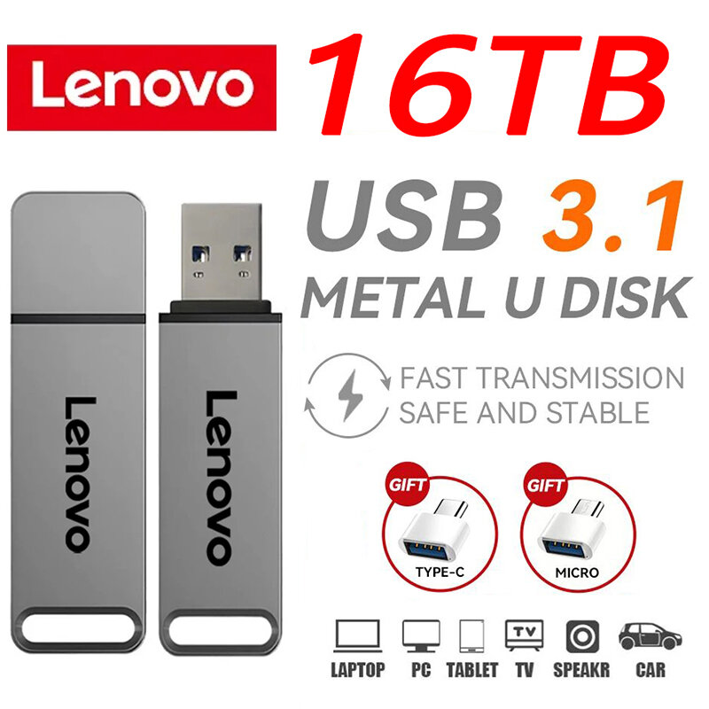 Lenovo แฟลชไดรฟ์ USB 16TB 3.1 2TB 8TB ความเร็วสูงถ่ายโอน pendrive โลหะจัดเก็บข้อมูลหน่วยความจำแบบพกพา U ดิสก์กันน้ำอะแดปเตอร์
