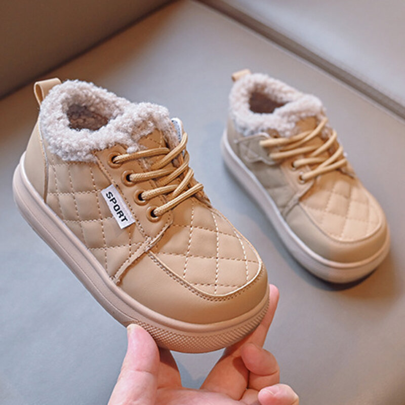 Inverno botas curtas crianças nova moda sapatos sapatilhas meninas rendas até sólido engrossar sapatos casuais de algodão manter sapatos quentes meninos