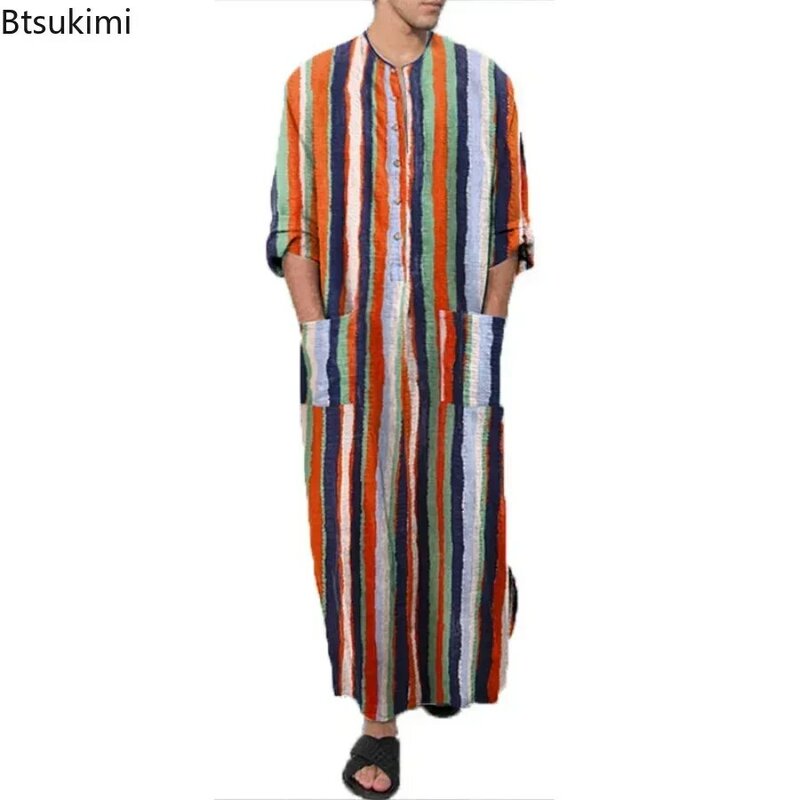 New 2024 Vintage Men islamski arabski Jubba Thobe z długim rękawem jednolite, z kieszeniami szaty męskie saudyjski sukienka Abaya muzułmański Kaftan męski