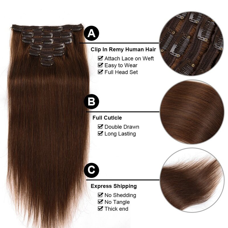 Extensions de cheveux brésiliens Remy à clipser, cheveux humains raides, trame de peau de document brun chocolat, sans couture, invisible, 100% cheveux