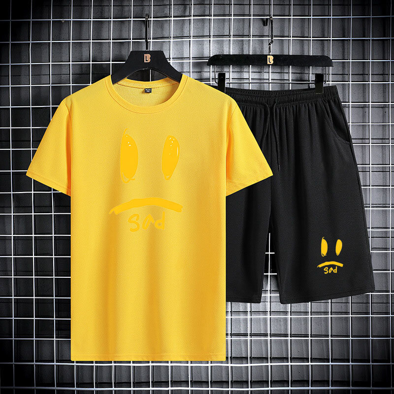 Костюм Мужской Хлопковый из футболки и шортов, комплект из 2 предметов с принтом улыбающегося лица, летняя хлопковая одежда