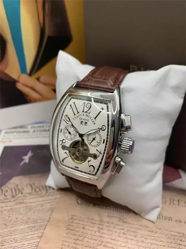 Zegarek męski FRANCK MULLER zegarek automatyczny Tonneau z bezpłatną wysyłką wodoodporny luksusowy prezent zegarek mechaniczny dla mężczyzn skórzany