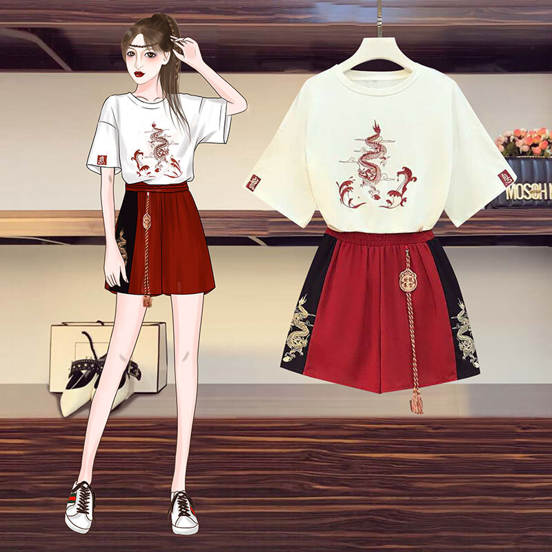 2022 neue Japanische Harajuku T Tops Chinesischen Stil Tang Anzug Frauen Casual T-shirt Breite Bein Kung Fu Hosen Set Orientalischen kleidung