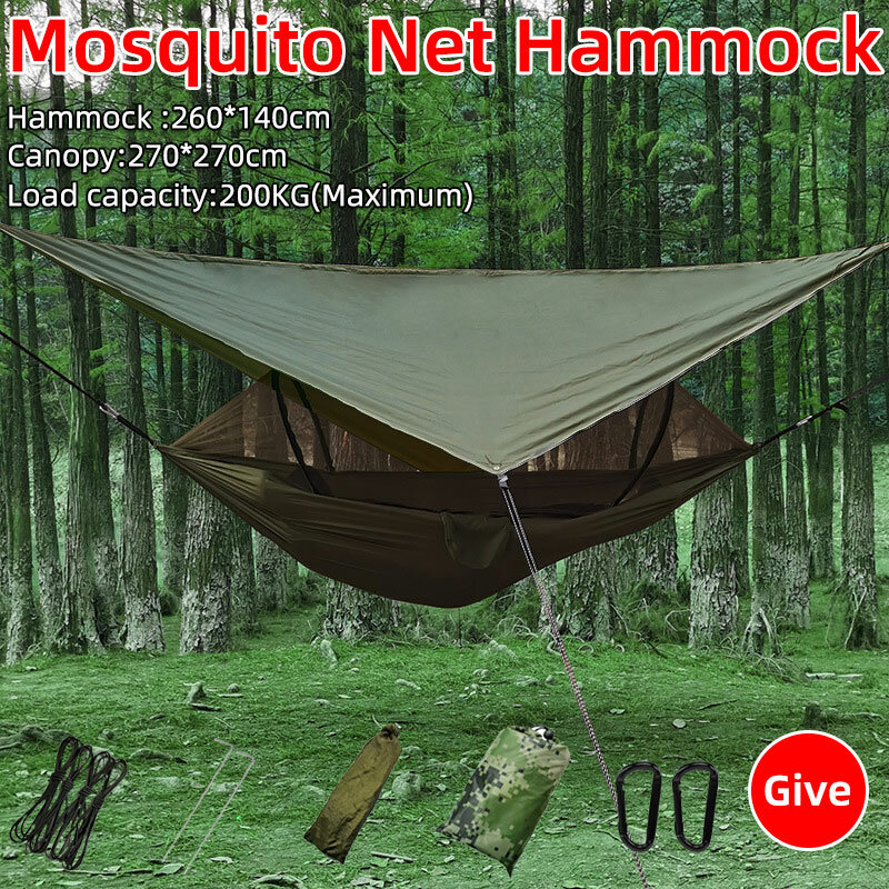 Hamaca de acampada con mosquitera y tienda de campaña Rainfly, lona ligera para exteriores, hamaca portátil para dos personas, material de nailon de 260x140cm
