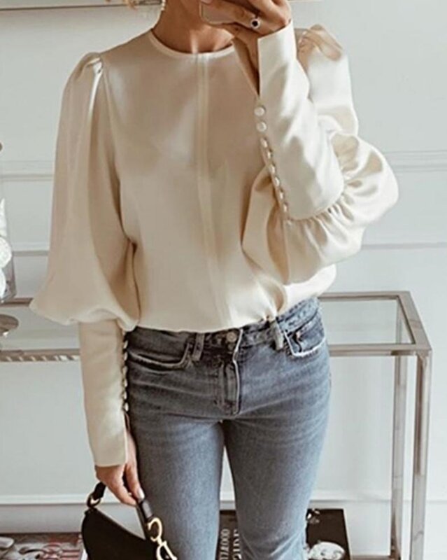 2024 Spring New Women's Shirt Tops Pullover Solid Round Neck Balloon Long Sleeve Blouse Fashion Elegant Office Lady Loose Tops