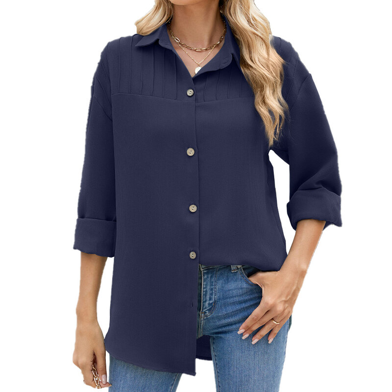 Camisa holgada de manga larga con botones de solapa para mujer, Color sólido, informal, Otoño e Invierno
