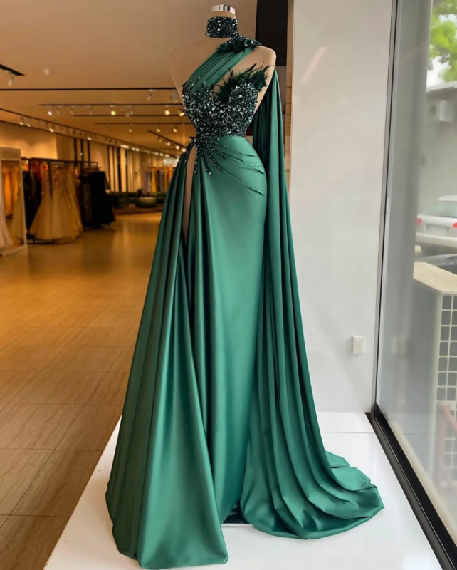 Hunter Green Evening Dress Sequins One Shoulder Side Split Pleats Prom Gowns Beaded Feather Party Dresses Vestidos Para Mujer