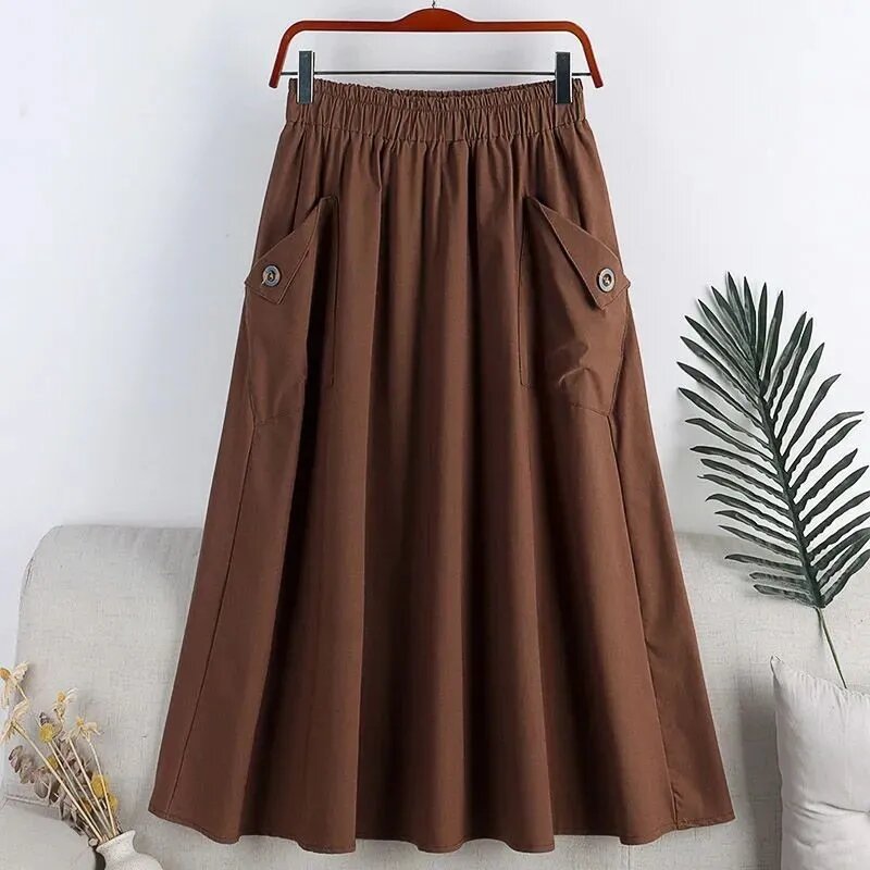 Vintage Fashion Pocket Button Swing A-line Skirt Women High Quality Elastic Waist Solid Color Casual Lady All-match Skirt