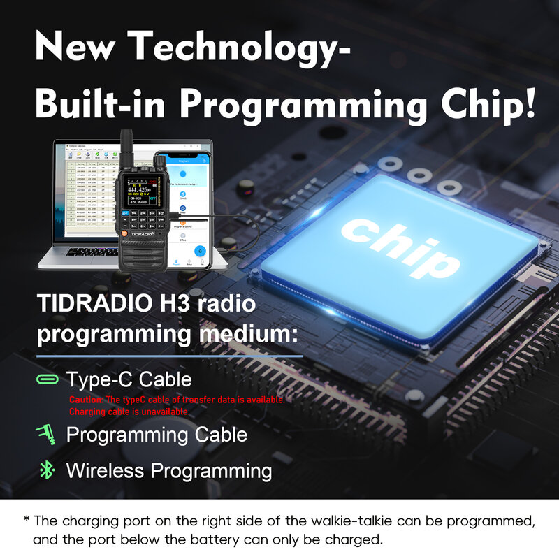 Радиостанция TIDRADIO H3 с поддержкой мобильного телефона, беспроводное программирование, два диапазона ПТТ, радиоприемник дальнего действия, USB Type-C, Кабель для программирования и зарядки