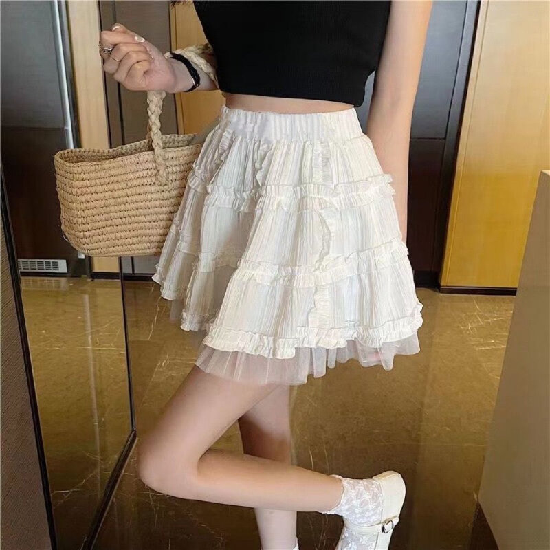 Deeptown Fairycore Ruffle Lace Mini Skirt Kawaii Lolita Pleated Short Skirt Cutecore Solid Layered Korean Fashion A-line Skirts