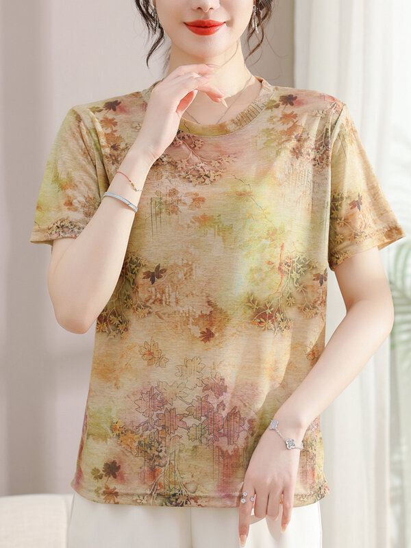 Camiseta de malha floral estampada feminina, suéter feminino, pulôveres, camiseta, manga curta, roupas de verão