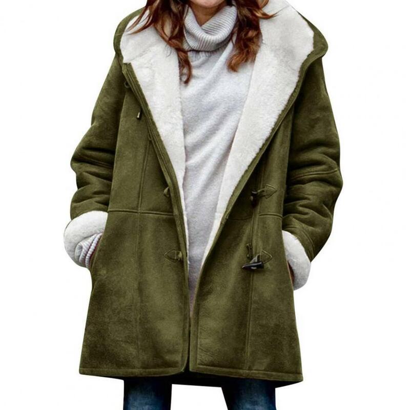 Women Fuzzy Jacket Fleece Lined Hooded Horn Buttons Women Coat Medium Length Overcoat Winter Windproof Furry Outerwear