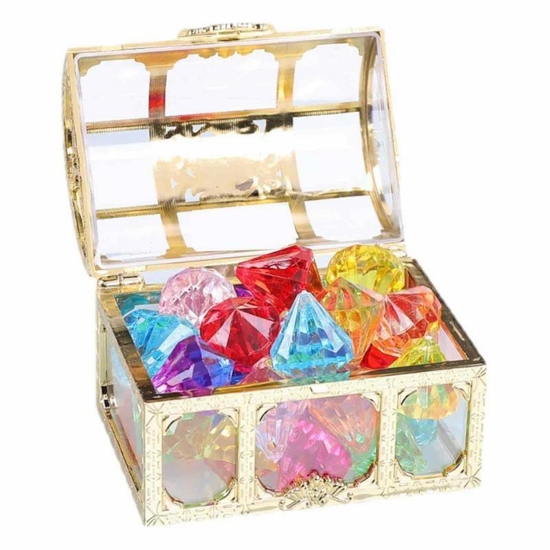 Colorful Diving Gems With Treasure Pirate Chest Box Outdoor Swimming Pool Toys Summer Underwater Acrylic Gemstones Set For Kids