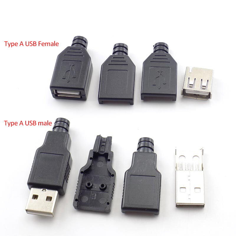 A 타입 암 USB 2.0 수 USB 4 핀 어댑터 소켓 솔더 커넥터, 블랙 플라스틱 커버, DIY 커넥터 플러그 D5, 1 개, 5 개, 10 개