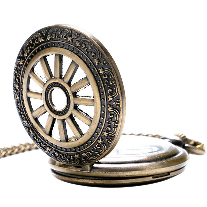 Old Fashion Hollow Out Wheel Cover Unisex Quartz Analog Pocket Watch Necklace Pendant Chain Arabic Numeral Display Clock Gift