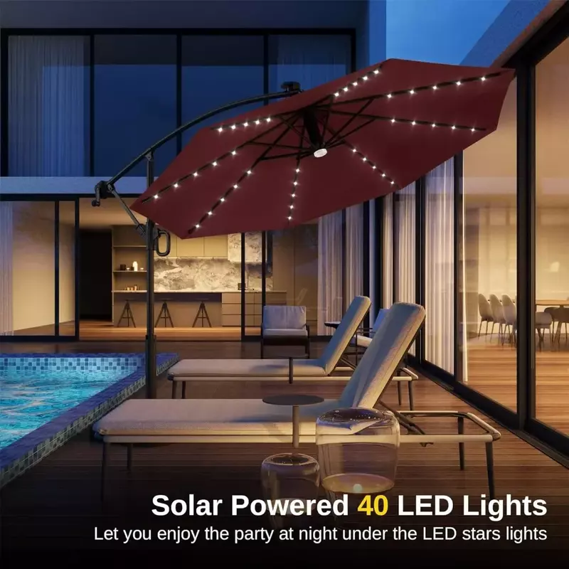 ร่มร่มสนามออฟเซ็ต10ฟุตร่ม LED 40 lampu tenaga Surya และข้อเหวี่ยงร่มอลูมิเนียมเสาและ UPF 50 + จาง