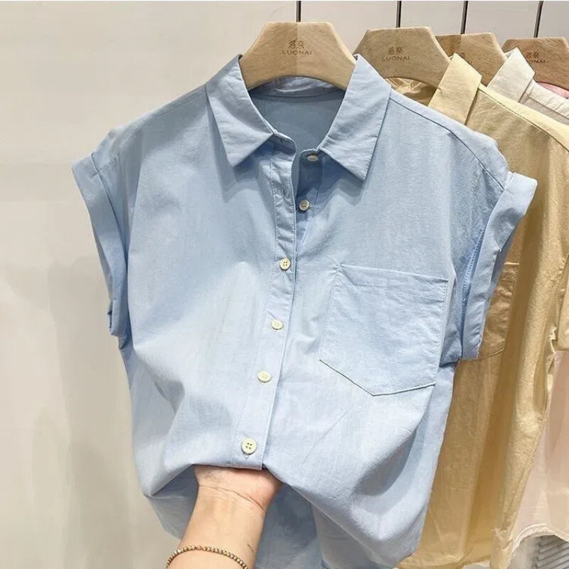 Blusa holgada de manga corta con cuello de Polo para mujer, camisa informal con botones de Color sólido, Tops Vintage, ropa de moda para mujer