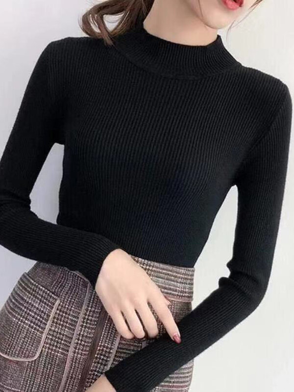 Autumn Winter Mock Neck Women Sweater Vintage Basic Solid Knitted Tops Casual Slim Pullover Korean Sweaters Simple Chic Jumpers